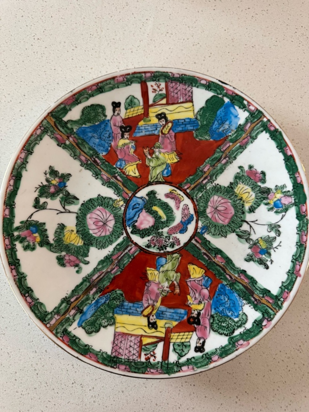 Antique 19th Century Chinese Rose Medallion Round  Heavy Porcelain Plate 12”